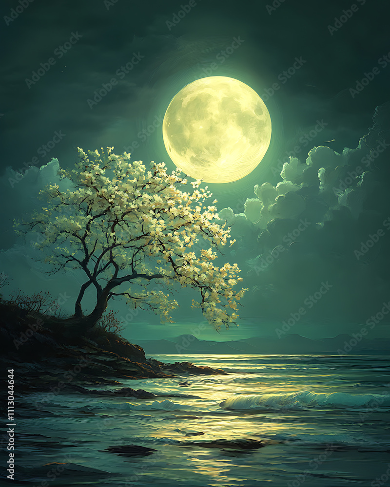 Serene Nightscape: Blooming Tree Underneath a Full Moon by the Ocean Shore Serene Nightscape: Blooming Tree Underneath a Full Moon by the Ocean Shore