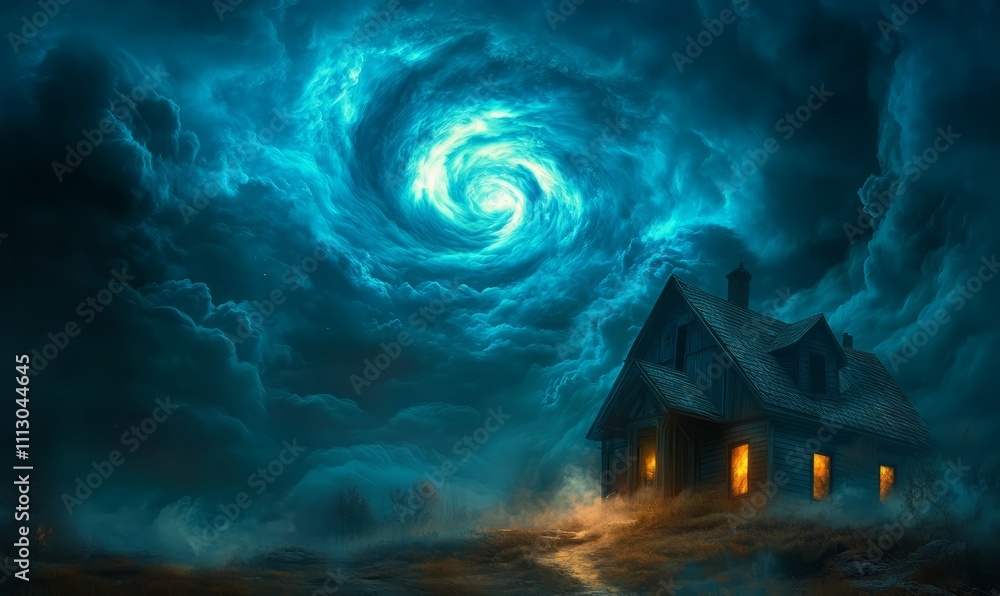 A solitary house stands under a dramatic night sky with swirling blue clouds and an eerie, glowing vortex. A solitary house stands under a dramatic night sky with swirling blue clouds and an eerie, glowing vortex.