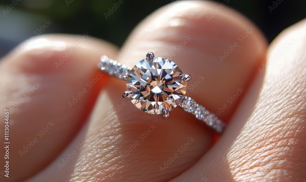 A close-up of a stunning diamond engagement ring on a finger, showcasing its brilliant cut and sparkling clarity. A close-up of a stunning diamond engagement ring on a finger, showcasing its brilliant cut and sparkling clarity.