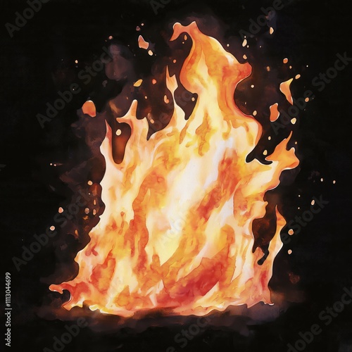 Vibrant watercolor illustration powerful blaze. Intense orange flames erupt against dark background. Fire design suggests bonfire. Artistic style dynamic fire scene. Illustration great choice for photo