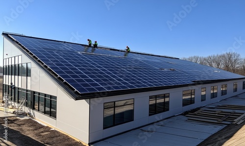 A team of workers erect large solar panels on the roof of a commercial building adding to its energy sustainability.