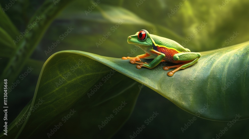 Naklejka premium A vibrant tree frog perched on a lush green leaf in a serene natural setting.