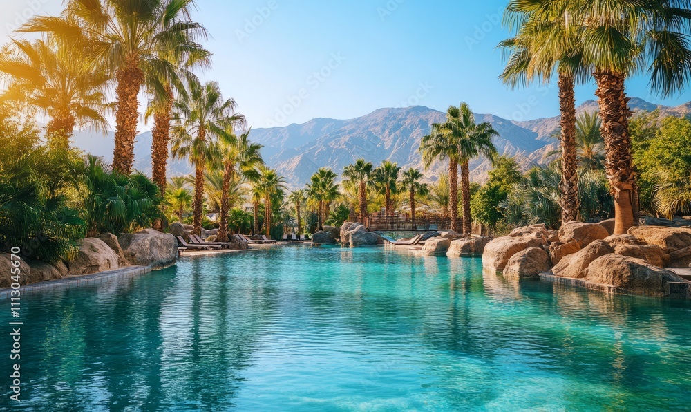 A tranquil oasis with clear blue water is surrounded by lush palm trees and desert mountains. The serene setting under the bright sun creates a perfect escape in nature. A tranquil oasis with clear blue water is surrounded by lush palm trees and desert mountains. The serene setting under the bright sun creates a perfect escape in nature.