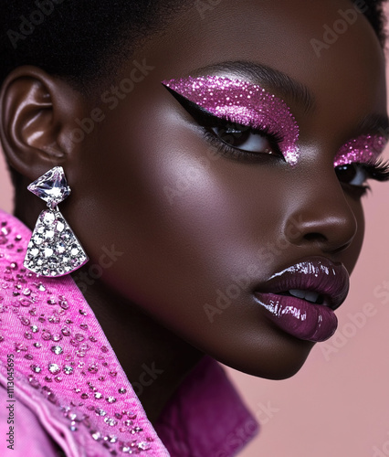 Portrait of beautiful young black woman with bright pink make-up and earrings photo