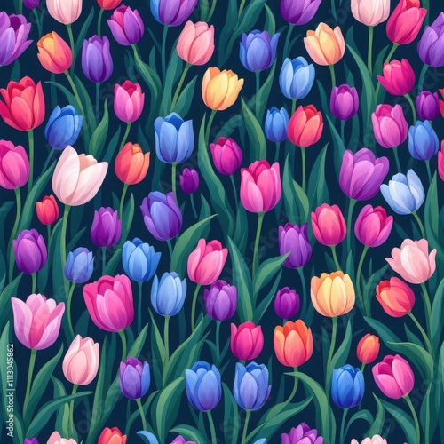 Tulip pattern with vibrant colors and dark background 