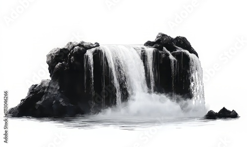 A cascading ink drop forming a dramatic waterfall landscape, with mist and rocks, isolated on a pure white background