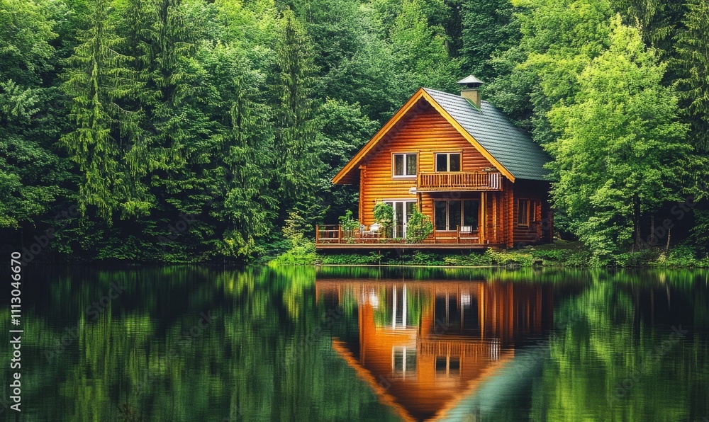 A serene wooden house surrounded by lush trees, reflecting beautifully in the calm water of a lake. A serene wooden house surrounded by lush trees, reflecting beautifully in the calm water of a lake.
