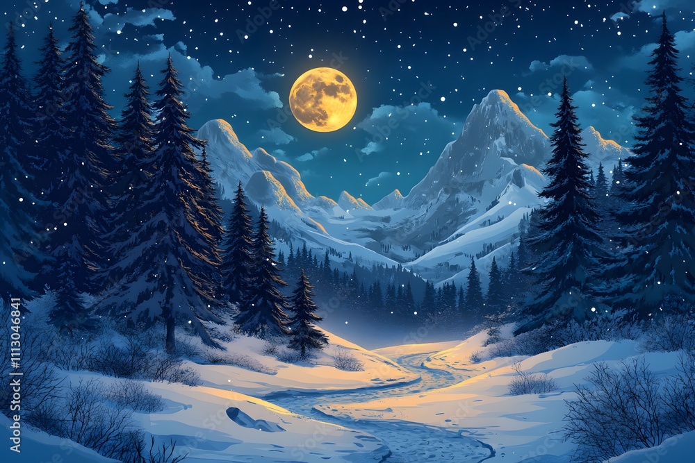 Fototapeta premium A serene snowy landscape featuring a winding path through a forest, illuminated by a full moon and framed by majestic mountains.