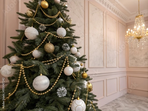 Christmas tree with white marble ornaments complemented with gold metal chains against pastel walls photo