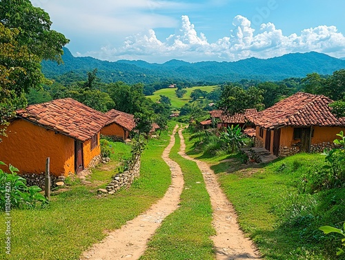 A rural scene with a dirt road, traditional houses, lush vegetation, rolling hills in the distance, and clear blue sky photo