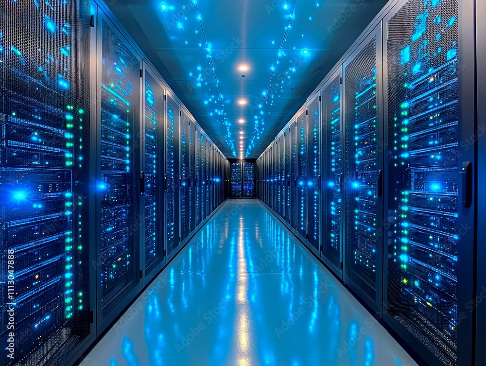 Image depicts a modern data center interior, with rows of servers emitting blue and white lights The floor has a reflective quality, and the room color scheme is cool, dominated by whites and blues Image depicts a modern data center interior, with rows of servers emitting blue and white lights The floor has a reflective quality, and the room color scheme is cool, dominated by whites and blues