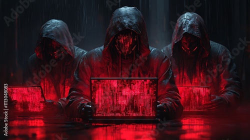 Hackers wearing red hoodies and masks using computers image