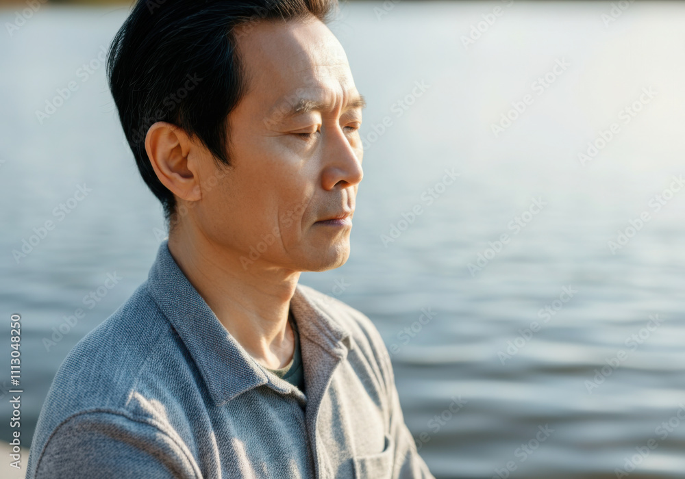 Fototapeta premium Mature asian man meditating by the lake, enjoying the tranquility of sunset and finding inner peace through mindfulness