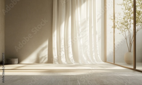 A minimalistic background featuring a large window with curtains gently billowing in the breeze. The light pouring through creates a play of shadows on a textured, linencovered photo