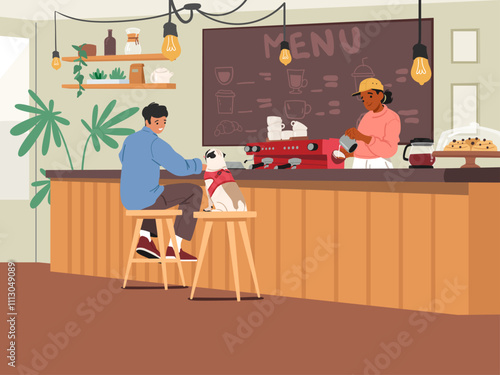 Man with pug dog visiting pet-friendly coffeehouse ecology space for rest and refreshment scene