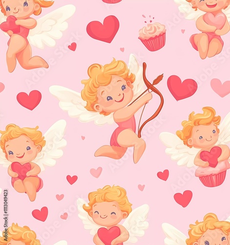 Cute cartoonish Cupid character, seamless pattern on a pink background with love letters and hearts, cute blonde Cupids shooting arrows