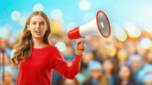 A passionate woman holds a megaphone, embodying the strength of those rallying for change and justice in society. photo