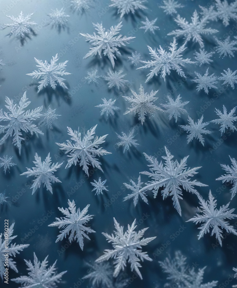 Delicate ice crystals forming a frost pattern on blue surface, icy chill, winter atmosphere, freezing cold Delicate ice crystals forming a frost pattern on blue surface, icy chill, winter atmosphere, freezing cold