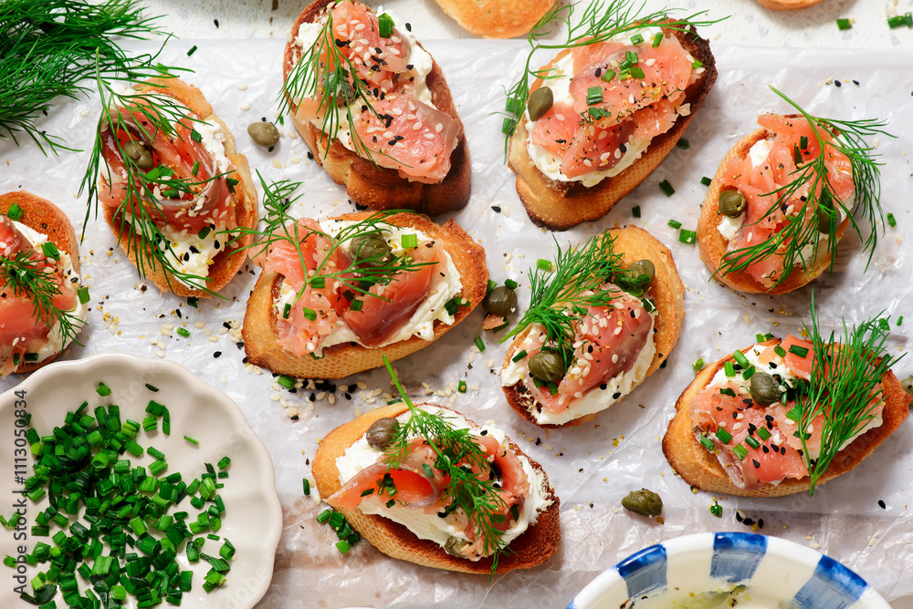 Baguette Crostini with Cream Cheese and Pink Pacific Salmon..style hugge Baguette Crostini with Cream Cheese and Pink Pacific Salmon..style hugge