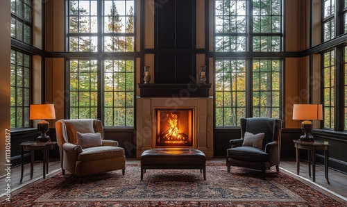 A lovely living room with a warmhearted atmosphere featuring a comfortable armchair in front of a crackling fireplace surrounded by tall windows glazed with sparkling photo