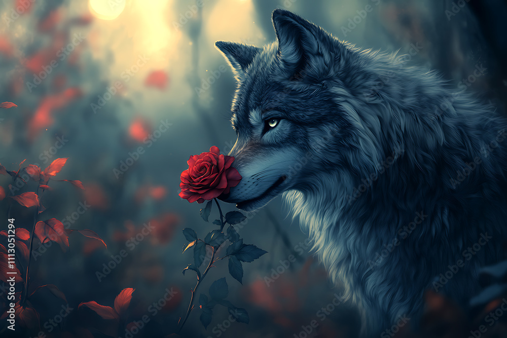A Majestic Wolf's Gentle Encounter with a Crimson Rose in a Mystical Forest Setting A Majestic Wolf's Gentle Encounter with a Crimson Rose in a Mystical Forest Setting