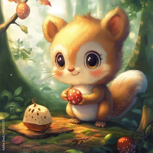 Cute squirrel in enchanted forest holds mushroom. Forest setting with sunlight. Adorable animal. Magical creature. Perfect for kids, children, eco lovers. Lovely illustration. Imaginative forest photo