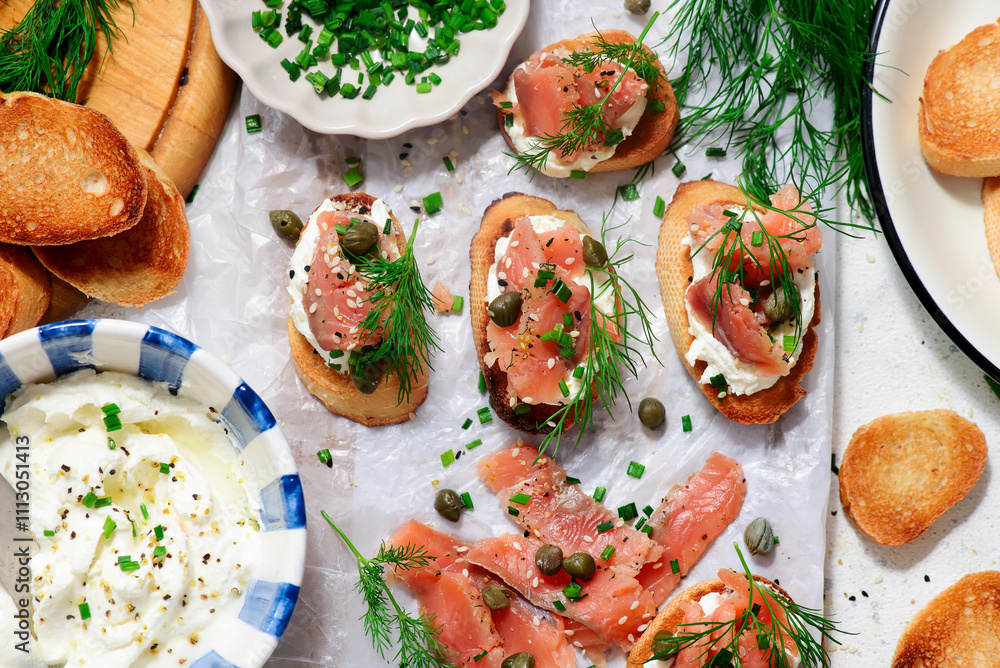 Baguette Crostini with Cream Cheese and Pink Pacific Salmon..style hugge Baguette Crostini with Cream Cheese and Pink Pacific Salmon..style hugge