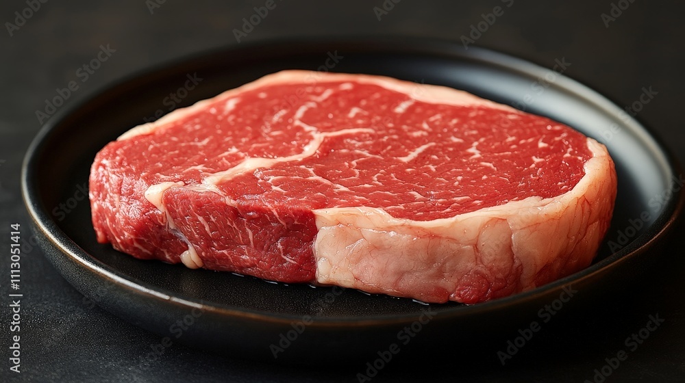 A raw ribeye steak displayed on a black plate, showcasing its marbling and freshness. A raw ribeye steak displayed on a black plate, showcasing its marbling and freshness.