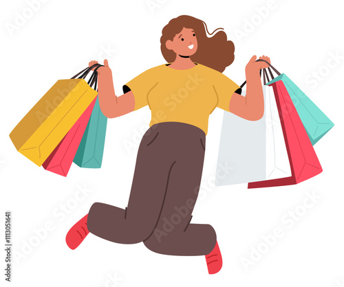 Happy overjoyed woman shopaholic cartoon character jumping with shopping bags isolated on white