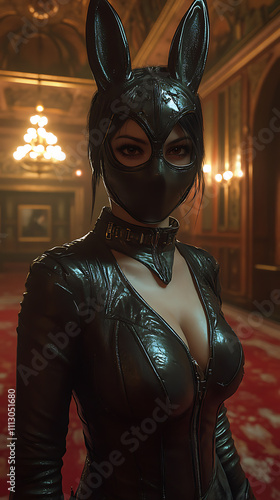 Mysterious Woman in Bunny Mask Posing in Elegant Mansion Interior; Dark, Dramatic, and Stylish photo