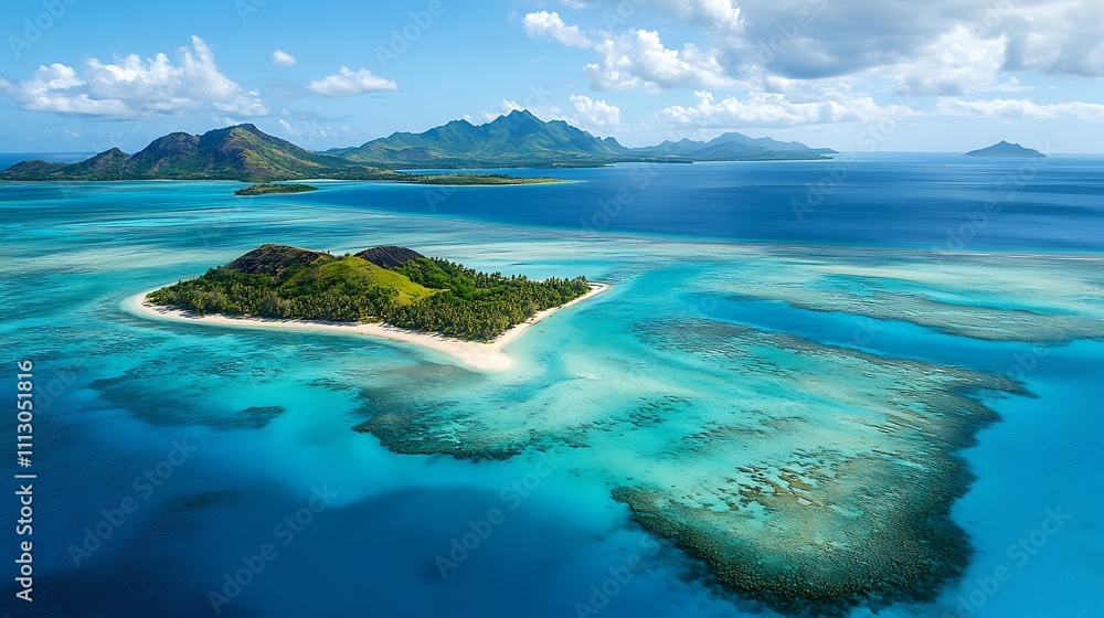 Obraz premium Tropical Island Paradise Aerial View Showing Lush Green Island and Vibrant Coral Reefs
