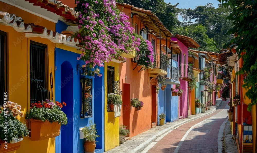 Fototapeta premium A vibrant street lined with colorful houses and blooming flowers creates a picturesque and lively atmosphere. The charming architecture