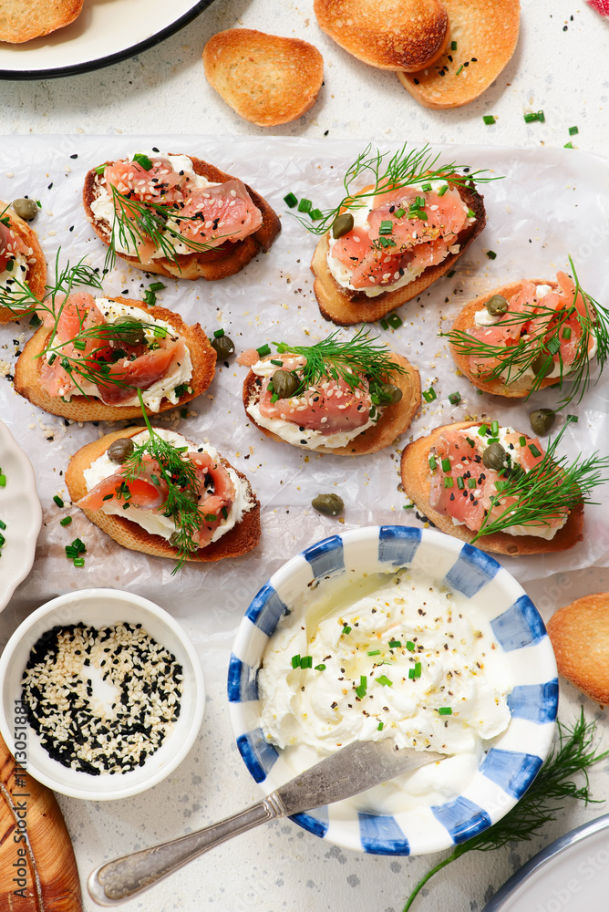 Baguette Crostini with Cream Cheese and Pink Pacific Salmon..style hugge Baguette Crostini with Cream Cheese and Pink Pacific Salmon..style hugge