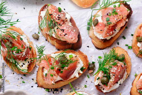 Baguette Crostini with Cream Cheese and Pink Pacific Salmon..style hugge