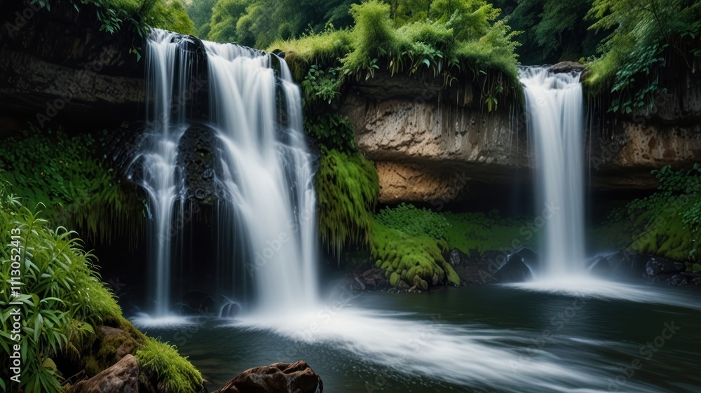 Obraz premium Two cascading waterfalls flowing over mossy rocks into a tranquil pool in a lush green forest. Lush vegetation surrounds the falls.