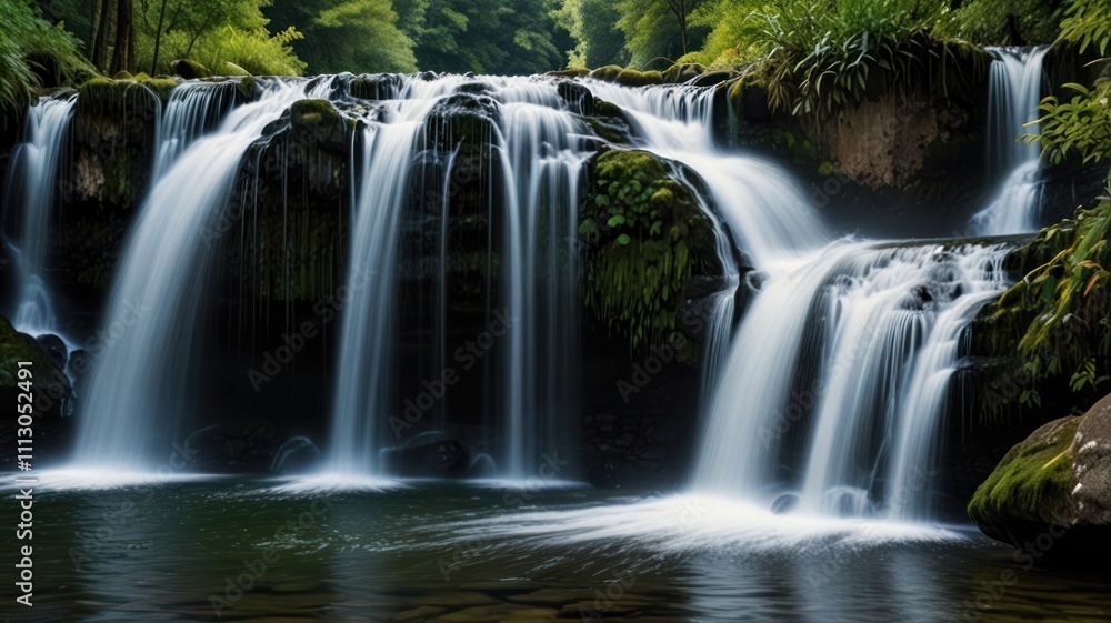 Fototapeta premium Cascading Waterfall in Lush Forest.