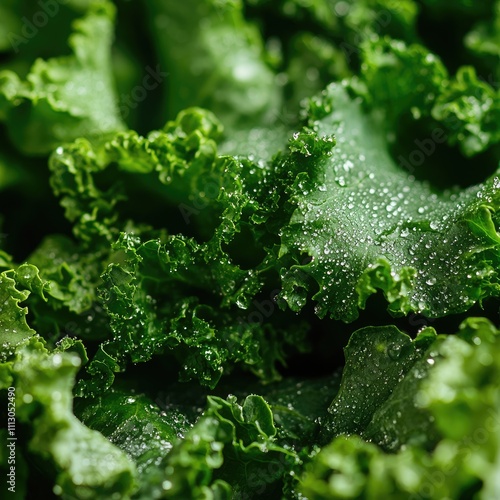 A refreshing close-up of leafy greens under droplets of water, captured with a DSLR and 70mm lens, using high key lighting to emphasize freshness and vitality. photo