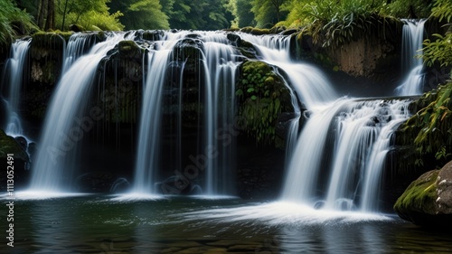 Cascading Waterfall in Lush Forest.