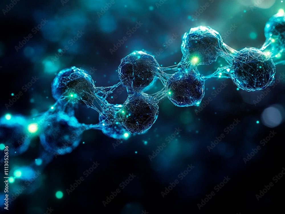Stylized, artistic representation of DNA with intertwined double helix strands, spheres representing nucleotides and rods simulating sugar-phosphate backbone Colored in shades of blue and green, sur Stylized, artistic representation of DNA with intertwined double helix strands, spheres representing nucleotides and rods simulating sugar-phosphate backbone Colored in shades of blue and green, sur