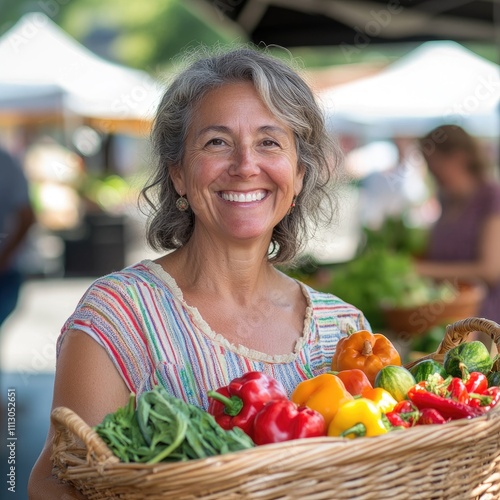 A joyful woman at a farmer's market, holding a basket of fresh vegetables, captured with a DSLR and 70mm lens, soft lighting. photo