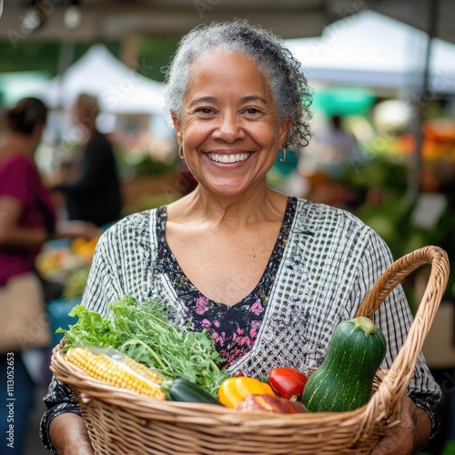 A joyful woman at a farmer's market, holding a basket of fresh vegetables, captured with a DSLR and 70mm lens, soft lighting. photo