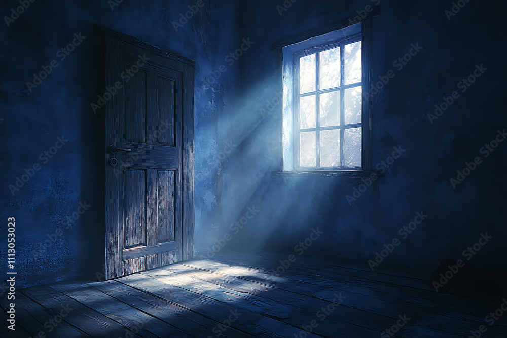 Mysterious Room: Light Beams through Window in a Dark, Old Room with Wooden Door and Floor Mysterious Room: Light Beams through Window in a Dark, Old Room with Wooden Door and Floor