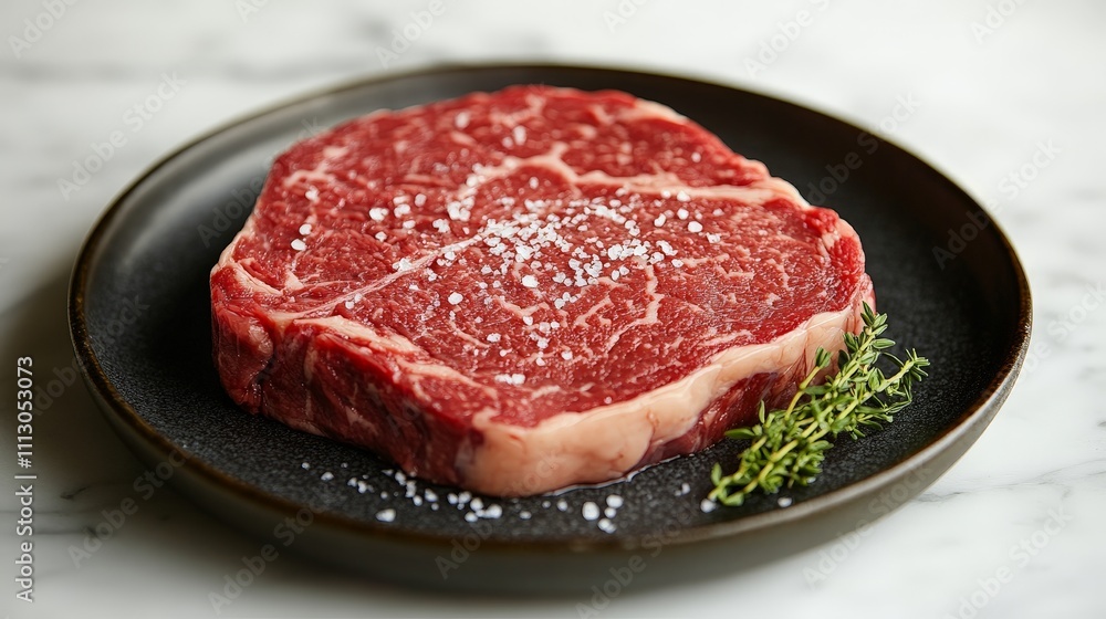 A raw ribeye steak with marbling, sprinkled with salt and garnished with thyme. A raw ribeye steak with marbling, sprinkled with salt and garnished with thyme.