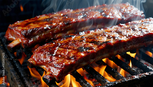 Three slabs of barbecue ribs cooking on a grill, covered in a dark, sticky sauce. The ribs have a ch photo