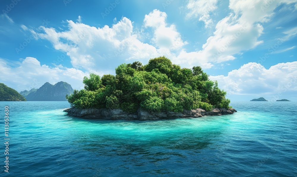 Fototapeta premium A small, lush, green island surrounded by bright turquoise waters.