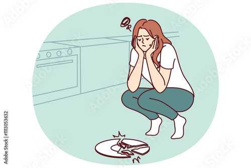 Sad woman broke plate in kitchen and is sad because of favorite saucer given by friends. Frustrated housewife girl dropped ceramic plate while cooking dinner and needs to buy new dishes