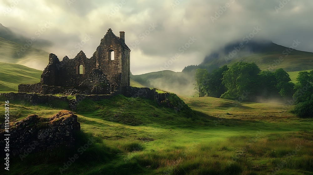 Obraz premium Ancient Stone Ruins in Misty Green Valley