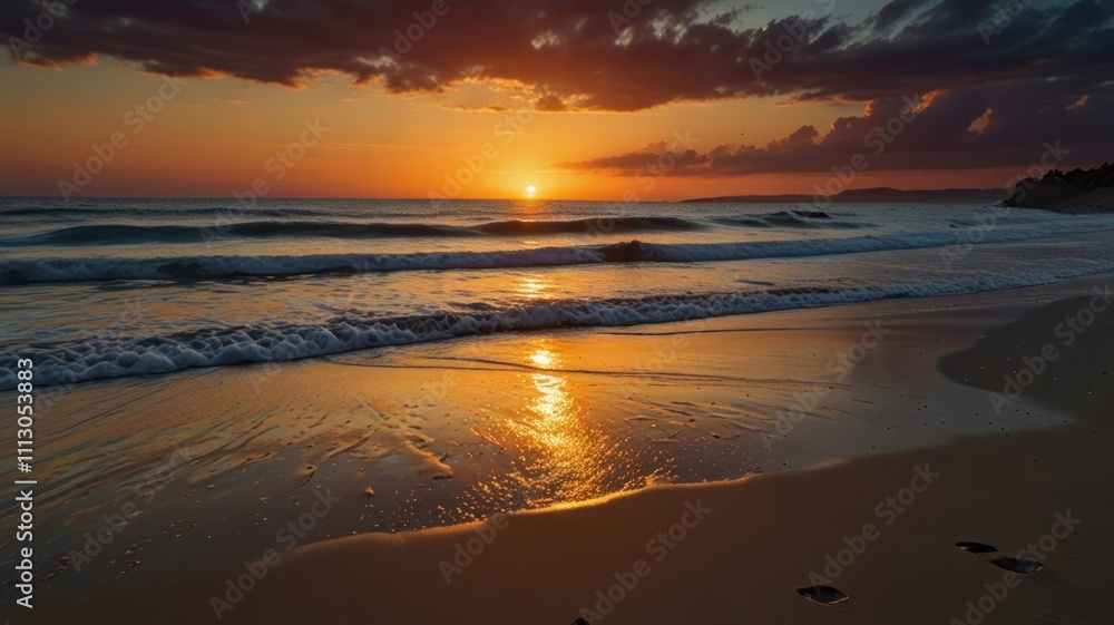 Dramatic sunset over tranquil beach. Waves gently lapping at the shore. Dramatic sunset over tranquil beach. Waves gently lapping at the shore.