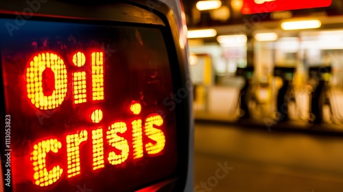 A bright digital display showing 'Oil crisis' in bold red letters at a gas station. photo