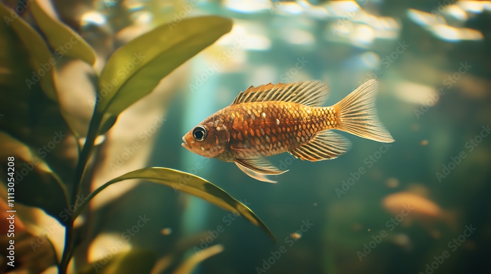 Golden Fish Swims Among Aquatic Plants In Tank Golden Fish Swims Among Aquatic Plants In Tank
